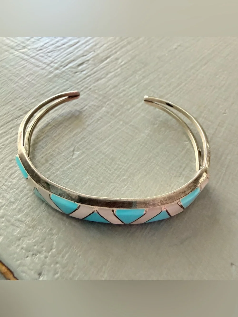 Native 925 Sterling Silver Turquoise Mother of Pearl Inlay Cuff Bracelet